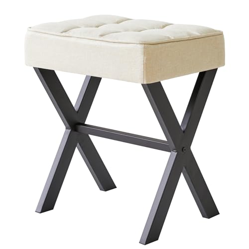 IBUYKE Square Makeup Stool with X-Leg, Linen Vanity Chair, Linen LG-70Y | Footrest Ottoman Seat Multi-Use Small Side Table Bedroom Living Room - color: Linen, size: 17.72"-Linen