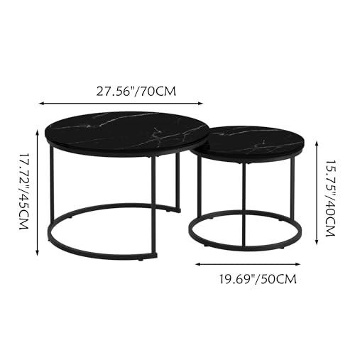 KEIKI Nesting Coffee Table Set of 2, Round Industrial End Tables with Wood Grain MDF Top and Black Metal Frame, Space Saving Small Side Table Set for Living Room Bedroom Balcony, Easy Assembly, Black