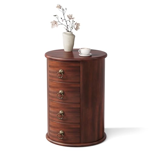 LITTLE TREE Small Side Table, Round Solid Wood End Table with Storage for Living Room, Mid Century Modern Nightstand with 4 Drawers for Bedroom, Small Spaces, Couch, Bedside, No Assembly Required - size: 1