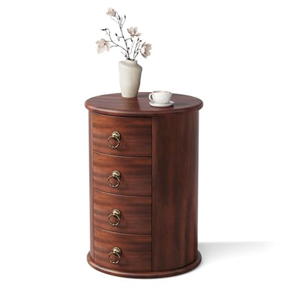 LITTLE TREE Small Side Table, Round Solid Wood End Table with Storage for Living Room, Mid Century Modern Nightstand with 4 Drawers for Bedroom, Small Spaces, Couch, Bedside, No Assembly Required - size: 1