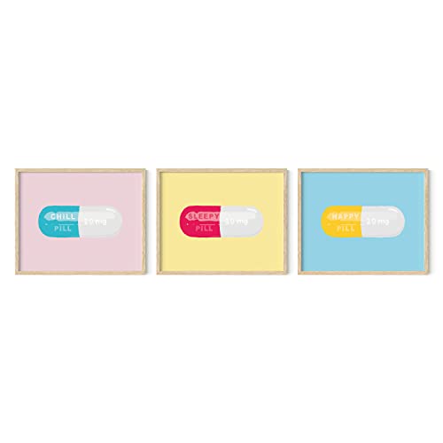 HAUS AND HUES Pop Art – Aesthetic Bedroom Wall Decor, Cute Teen Girl Room Prints, Trendy Wall Art (Beige Frame, 16x20) - color: Chill Pills, size: 16"L x 20"W, style: Beige Framed