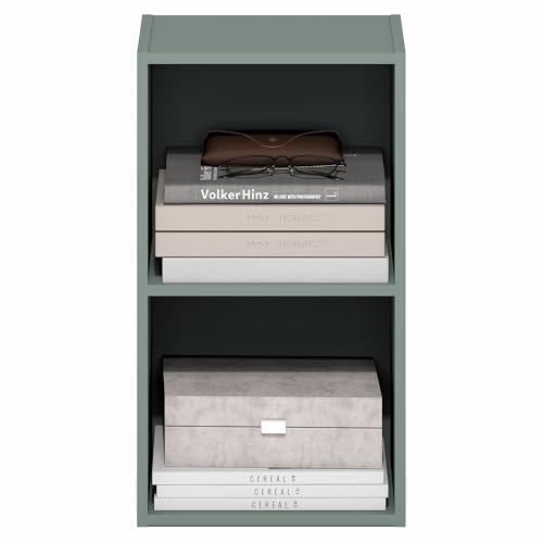 Furinno PASIR Book Shelf, 2-Tier Modern Bookshelf, Open Shelves Bookcase 9 x 12 x 21, Easy Assembly, for Living Room, Bedroom, Home Office, Sage Green - color: Sage Green, size: 2-Tier Cube