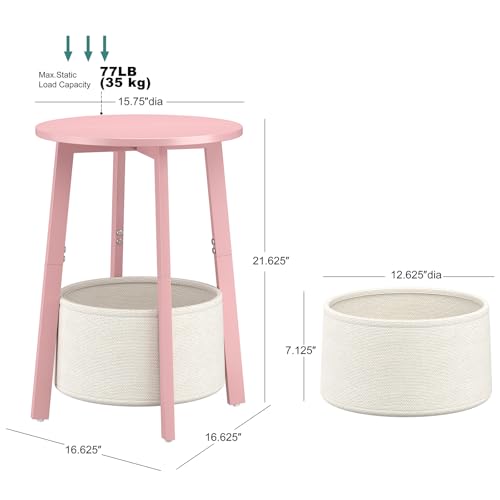 sthmec Small Round Side End Table with Cloth Storage Basket, Round Bedside Sofa Couch Coffee Tables for Small Places with Metal Frame, Modern Nighstands for Living Room Bedroom, Pink - color: Pink