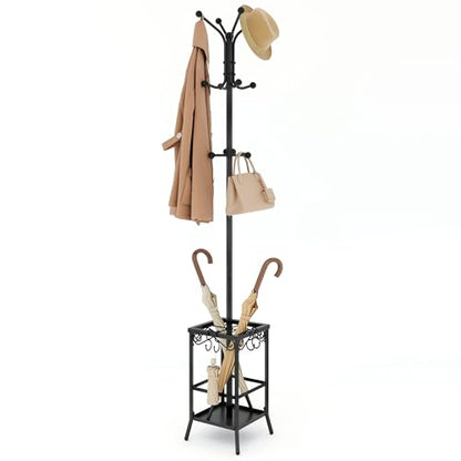 Hoctieon Coat Rack Freestanding, Coat Tree with Umbrella Holder, Metal Coat Rack Stand with 12 Hooks, Standing Coat Hanger Stand, Umbrella Stand for Entryway, Hat Rack Stand for Home Office, Black - color: Black