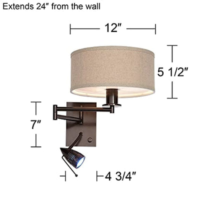 Radix Swing Arm Wall Lamp with LED Reading Modern Light Fixture | Adjustable Cord Bronze Plug-In Oatmeal Fabric Drum Shade Bedroom Bedside House Living Room Home Hallway Dining - color: Bronze