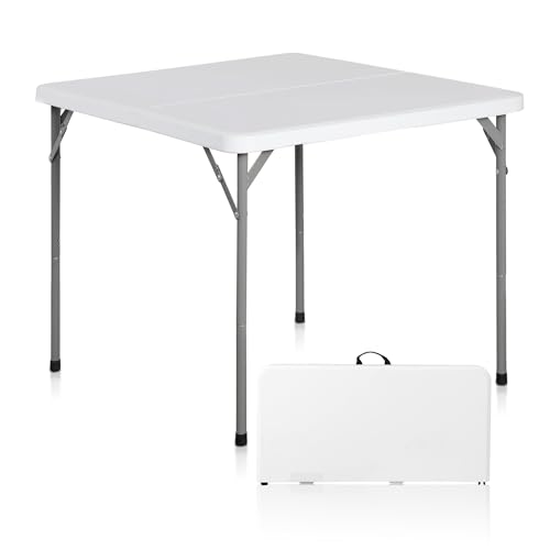 SUPER DEAL 3 Foot Square Folding Card Table, Indoor Outdoor Portable Plastic Heavy Duty Fold-in-Half Puzzles Camping Picnic Party Table with Carrying Handle, White - color: White, size: 34"x34", style: Square