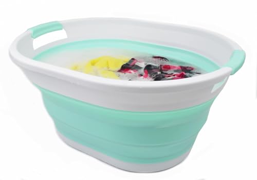 SAMMART 32L (8.4 Gallon) Collapsible Plastic Laundry Basket - Foldable Pop Up Storage Container/Organizer - Portable Washing Tub - Space Saving Hamper, Water Capacity: 24L (2, Grey+Light Green) - color: Grey+light Green