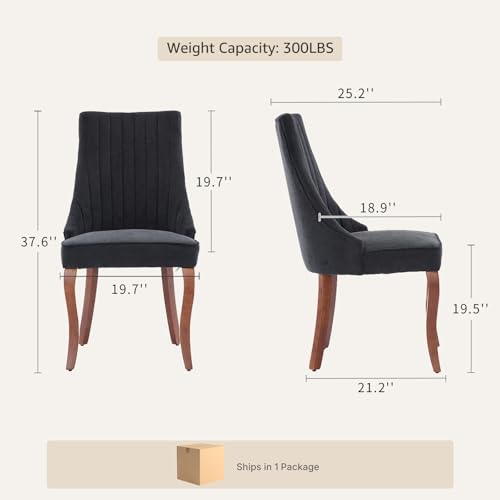 Upholstered Dining Chairs Set of 2, High Back Side Chairs for Kitchen and Dining Room, Mid-Century Modern Fabric Seating with Solid Wood Legs, Black - color: Black, size: Set of 2