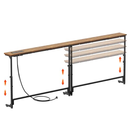keomaisyto 2 Pack Narrow Sofa Table with Power Outlets, 22"-32" Height Adjustable Behind Couch Table, Skinny Console Table for Living Room,78.8" Long x 5.9" Wide, Rustic Brown