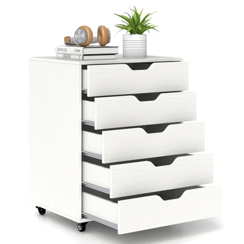 MAT EXPERT 5-Drawer Dresser, Mobile File Cabinet on Wheels, Wood Rolling Storage Drawers Under Desk, Chest of Drawers Home Room Organizer Furniture, Storage Cabinet for Study Office (White) - color: White