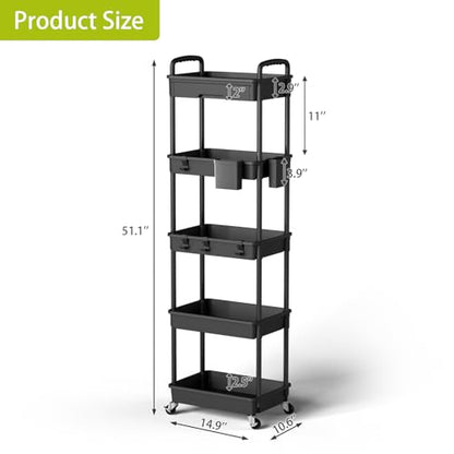 Sorgion 5 Tier Rolling Cart Organizer,Bathroom Cart Organizers with Wheels Laundry Room Organization Mobile Shelving Unit Utility Cart Storage Shelves Multi-Functional for Office, Home(Black) - size: 5Tier-Black