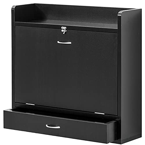 Wall Mounted Folding Desk - Space Saving Fold Down Desk with Storage Shelves and Drawer, Convertible Floating Laptop Table for Small Spaces, Home Office, 23.75 x 6.75 x 23 in, Black - color: Black