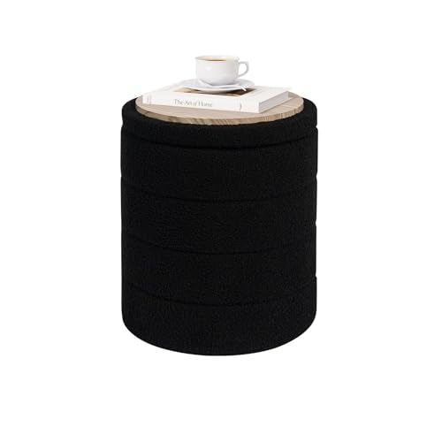 PINPLUS Round Storage Ottoman Foot Rest Stool with Tray Velvet Sherpa Folding Storage Ottoman,Boucle Foot Rest for Living Room, Bedroom, Dorm（Black） - color: Black, size: 14.6"D x 14.6"W x 17.7"H
