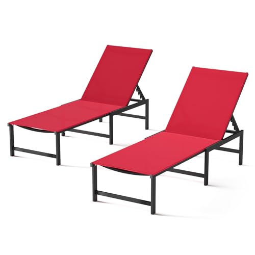 Aluminum Outdoor Chaise Lounge, 5-Position Textilene Chair,Red | Rust-proof aluminum frame; UV quick-dry Textilene mesh; 5-position recliner; supports 400 lbs, built-in armrests - color: Red, size: 2 Chairs