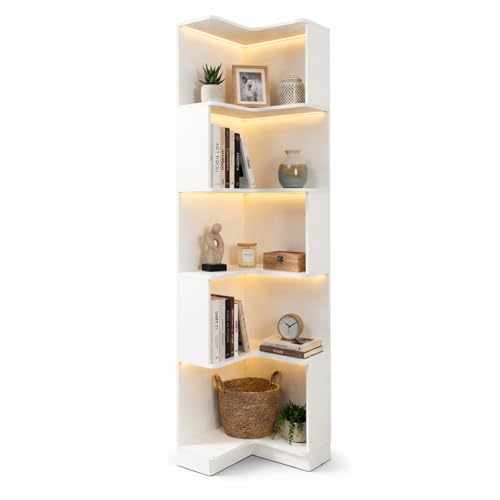 Corner Bookshelf, 5 Tier Tall Corner Bookcase with LED Lights, Freestanding L Shaped Open Display Shelf for Living Room, Bedroom, Home Office (White) - style: White-without drawers