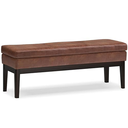 SIMPLIHOME Carlson Ottoman Bench - 45 inch Wide Upholstered Vegan Leather Rectangle Ottoman in Distressed Saddle Brown, Mid Century Modern Bench for Bedroom or Living Room with Padded Seat - color: Brown, style: Ottoman Bench