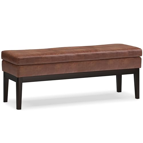 SIMPLIHOME Carlson Ottoman Bench - 45 inch Wide Upholstered Vegan Leather Rectangle Ottoman in Distressed Saddle Brown, Mid Century Modern Bench for Bedroom or Living Room with Padded Seat - color: Brown, style: Ottoman Bench