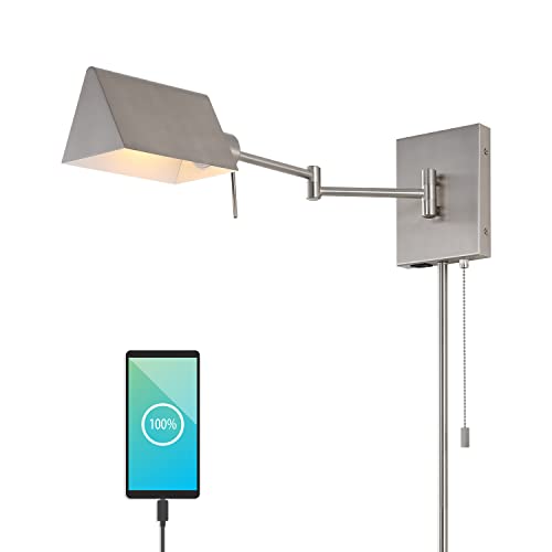JONATHAN Y Arlo 22" 1-Light Metal Swing Arm Wall Sconce, Nickel | Plug-In Or Hardwired, USB Charging Port, Pull Chain, Industrial Farmhouse Design, Adjustable Head, LED Bulb Included - color: Nickel, size: 1-Light