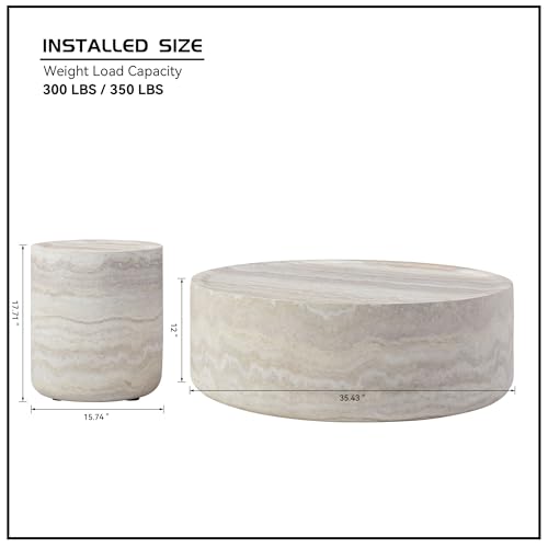 Round Coffee Table Marble Travertine Set of 2 for Living Room Set for Living Room, Modern Center Side End Table for Small Space Apartment, Office, No Assembly, Falux Marble Mars - size: 35.43"D+15.47"D