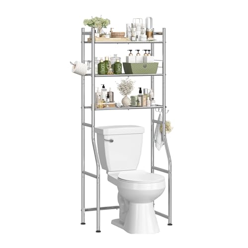Simple Trending 3 Tier Over The Toilet Rack, Bathroom Shelves with 4 Hooks and Paper Holder, Bathroom Stand Organizer Space Saver, Chrome