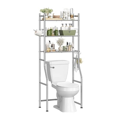 Simple Trending 3 Tier Over The Toilet Rack, Bathroom Shelves with 4 Hooks and Paper Holder, Bathroom Stand Organizer Space Saver, Chrome