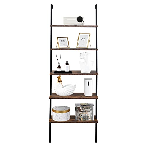 5-Shelf Modern Bookcase, Open Wall Mount Ladder Bookshelf with Industrial Metal Frame for Living Room Bedroom Home Office (Brown5) - color: Brown5