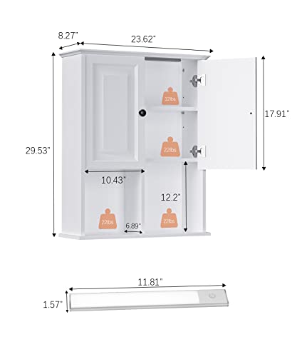 HAIOOU Bathroom Wall Cabinet with Motion Sensor Light, 23.6 Inch - White | Wooden Wall Mounted Medicine Cabinet with Adjustable Shelf, Soft Close Hinges for Over the Toilet Bathroom Storage - color: White