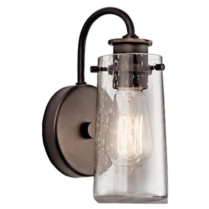 Kichler Braelyn 9.5" Wall Sconce in Olde Bronze®, 1-Light Industrial Wall Mount with Clear Seeded Glass, (9.5" H x 5" W), 45457OZ | Clear seeded glass delivers textured illumination in bathrooms, hallways, bedrooms and living spaces, 45457OZ - color: Old