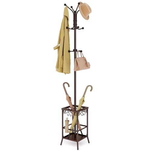 Hoctieon Coat Rack Freestanding, Coat Tree with Umbrella Holder | Metal Coat Rack Stand with 12 Hooks, Standing Coat Hanger Stand, Umbrella Stand for Entryway, Hat Rack Stand for Home Office - color: Brown