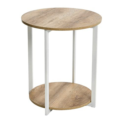Household Essentials Jamestown Round Side End Table with Storage Shelf, Coastal Oak Rustic Wood Grain and White Metal Frame - color: Coastal Oak