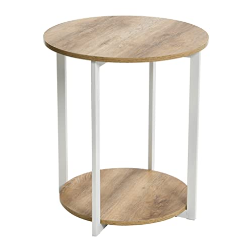 Household Essentials Jamestown Round Side End Table with Storage Shelf, Coastal Oak Rustic Wood Grain and White Metal Frame - color: Coastal Oak