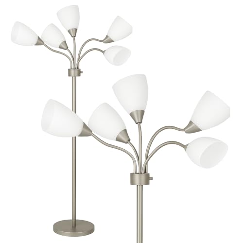 LIGHTACCENTS Medusa 5-Light Floor Lamp – Silver Multi-Head Standing Lamp w/ 5 Adjustable White Acrylic Shades for Bedroom, Living Room, Office, Requires E12 Candelabra-Base LED Bulbs