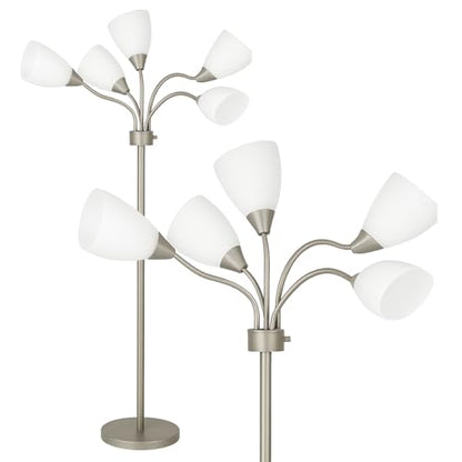 LIGHTACCENTS Medusa 5-Light Floor Lamp – Silver Multi-Head Standing Lamp w/ 5 Adjustable White Acrylic Shades for Bedroom, Living Room, Office, Requires E12 Candelabra-Base LED Bulbs
