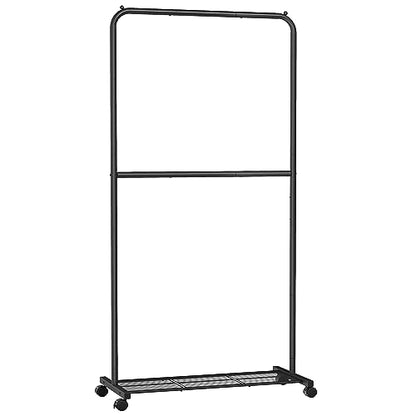 SONGMICS Clothes Rack with Wheels, Double-Rod Clothing Rack for Hanging Clothes, 25.4mm Metal Garment Rack with Dense Mesh Storage Shelf, 110 lb Load Capacity, 2 Brakes, Black UHSR027B01 - color: Black, style: Middle Rod