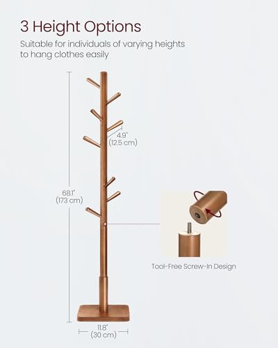 VASAGLE Solid Wood Coat Rack, Free Standing Hall Coat Tree with 8 Hooks, 3 Height Options, for Coats, Hats, Bags, Purses, for Entryway, Hallway, Rubberwood Hooks and Pole, Dark Walnut URCR010W01 - color: Dark Walnut, style: Square Base + Cylindrical Hooks