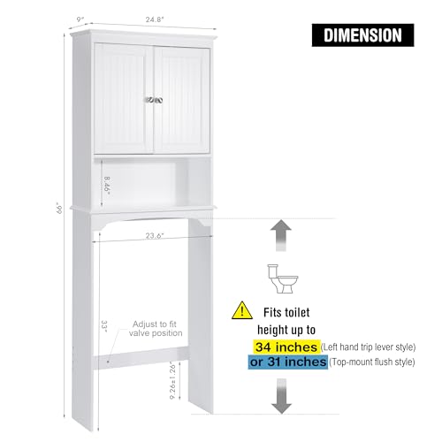 Spirich Over The Toilet Storage Cabinet with Doors, Bathroom Organizer | White, Adjustable Shelf, Anti-Tip Fitting, FSC-Certified MDF, Beadboard Design, 33.3" Toilet Clearance, Adjustable Crossbar - color: White