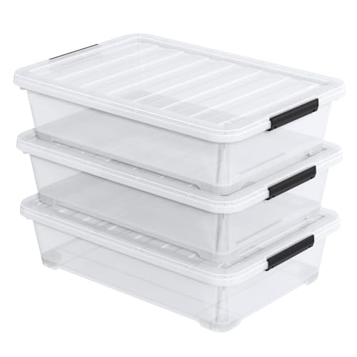 Under Bed Storage Bins With Wheels, 40 Quart, 3 Pack | Clear Plastic Rolling Storage Containers With Lids, Low Profile Space Saver for Clothes, Shoes, Blankets - size: 40 Quart
