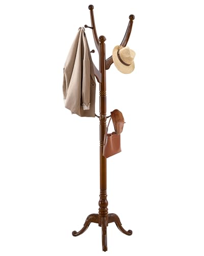 Wooden Coat Rack Freestanding, Solid Wood Coat Rack Stand with 13 Hooks, Mid-Century Modern Heavy Duty Coat Racks,Walnut Brown Standing Coat Jacket Hanger Clothes Tree Stand for Corner, Office - color: Walnut Brown Triangle Base