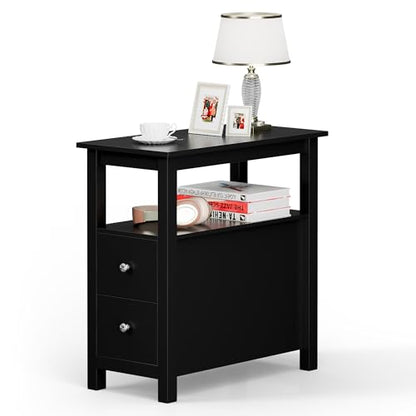 ZENY Narrow End Table Side Table with Drawer and Open Shelf Sofa Table for Living Room Bedroom, Bedside, Couch - color: Black
