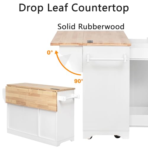 Kitchen Island with Trash Can Storage & Pull-Out Trays | Solid Rubberwood Countertop Kitchen Island on Wheels, Drop Leaf, Power Outlet, 3 Drawers - color: White
