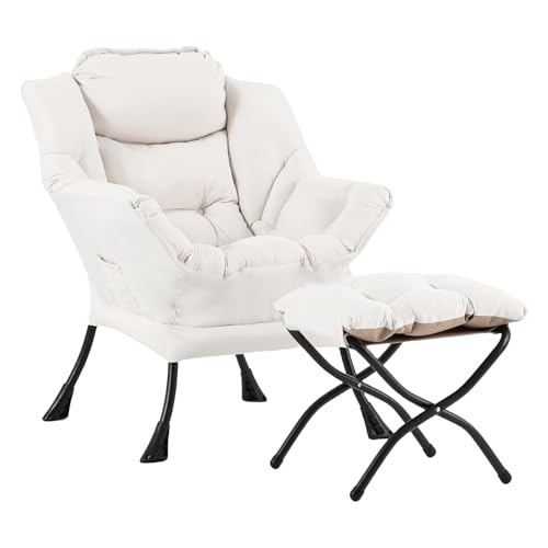 Lazy Chair with Ottoman, Comfy Accent Reading Chair, Beige | Foldable Footrest,Removable Cover,with Armrests and Side Pockets,Upholstered Lounge Chair for Bedroom,Dorm,Office,Small Space - color: Beige