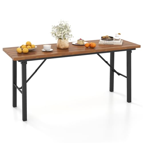Tangkula 59" Narrow Outdoor Dining Table for 4-6, No Assembly Foldable Patio Dining Table with Acacia Wood Top & Heavy Duty Metal Frame, Portable Table for Yard, Garden, Poolside or Indoor (Natural)
