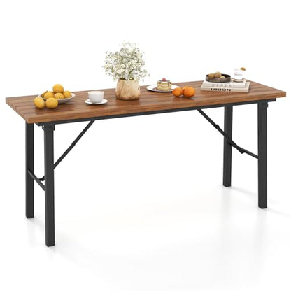 Tangkula 59" Narrow Outdoor Dining Table for 4-6, No Assembly Foldable Patio Dining Table with Acacia Wood Top & Heavy Duty Metal Frame, Portable Table for Yard, Garden, Poolside or Indoor (Natural)