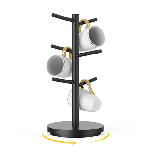 Wisuce Coffee Mug Holder Tree Upgraded 360Rotated Cup Holder for Counter Black Wood Cup Tree Mug Rack Organizer Stand with 6 Hooks for Kitchen Coffee Bar Accessories - color: Black (6 Hooks Rotated)