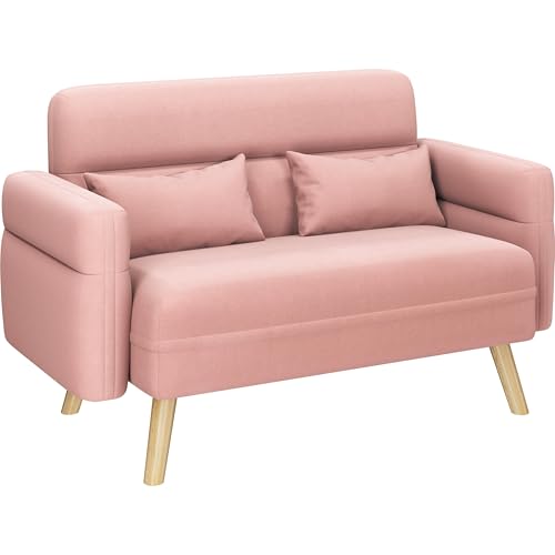Yaheetech 46" Small Sofa Compact Modern Couch with Wood Legs, Pink | Loveseat Small Sofa in Fabric 2 Seater Couch Features Wood Legs, Lumbar Pillows, Easy Assembly for Living Room, Bedroom, Dorm - color: Pink