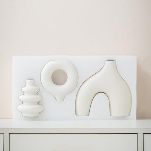 White Ceramic Vase Set of 3,Neutral Boho Nordic Minimalism Style Flower Vases for Living Room Wedding Table Party Office Bedroom - color: White