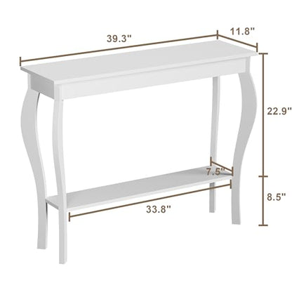 ChooChoo 39" Narrow Entryway Table with Storage Shelf, White | Console Table with Curved Legs, Chic Accent Sofa Table with Shelves for Entryway, Living Room, Hallway - color: White