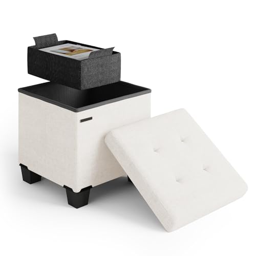 Storage Ottoman Cube with Small Bin, 15-in Square Ottoman with Storage for Living Room and Bedroom, Small Ottomans Foot Rest, Fabric Foot Stools Ottomans Max 330lbs, Cream - color: 09 - Cream