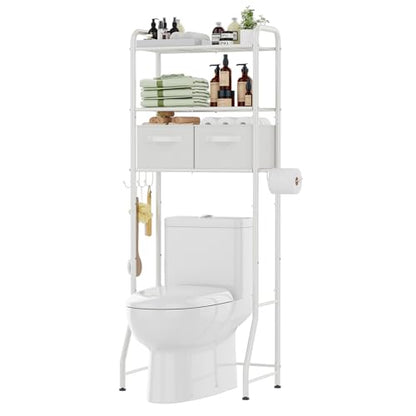 Simple Trending Over The Toilet Storage Rack with Drawers, Metal 3 Tier Bathroom Organizer Shelf with Paper Holder and 3 Hooks, White - color: White With Drawers