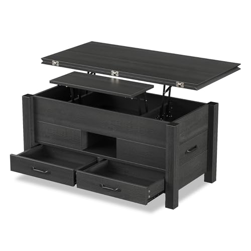 39.4" Lift Top Coffee Table 180° Flip Convertible Center with 4 Drawers Hidden Storage Silent Gas Multi-Function Rising Workstation for Living Room Apartment Home Office Black